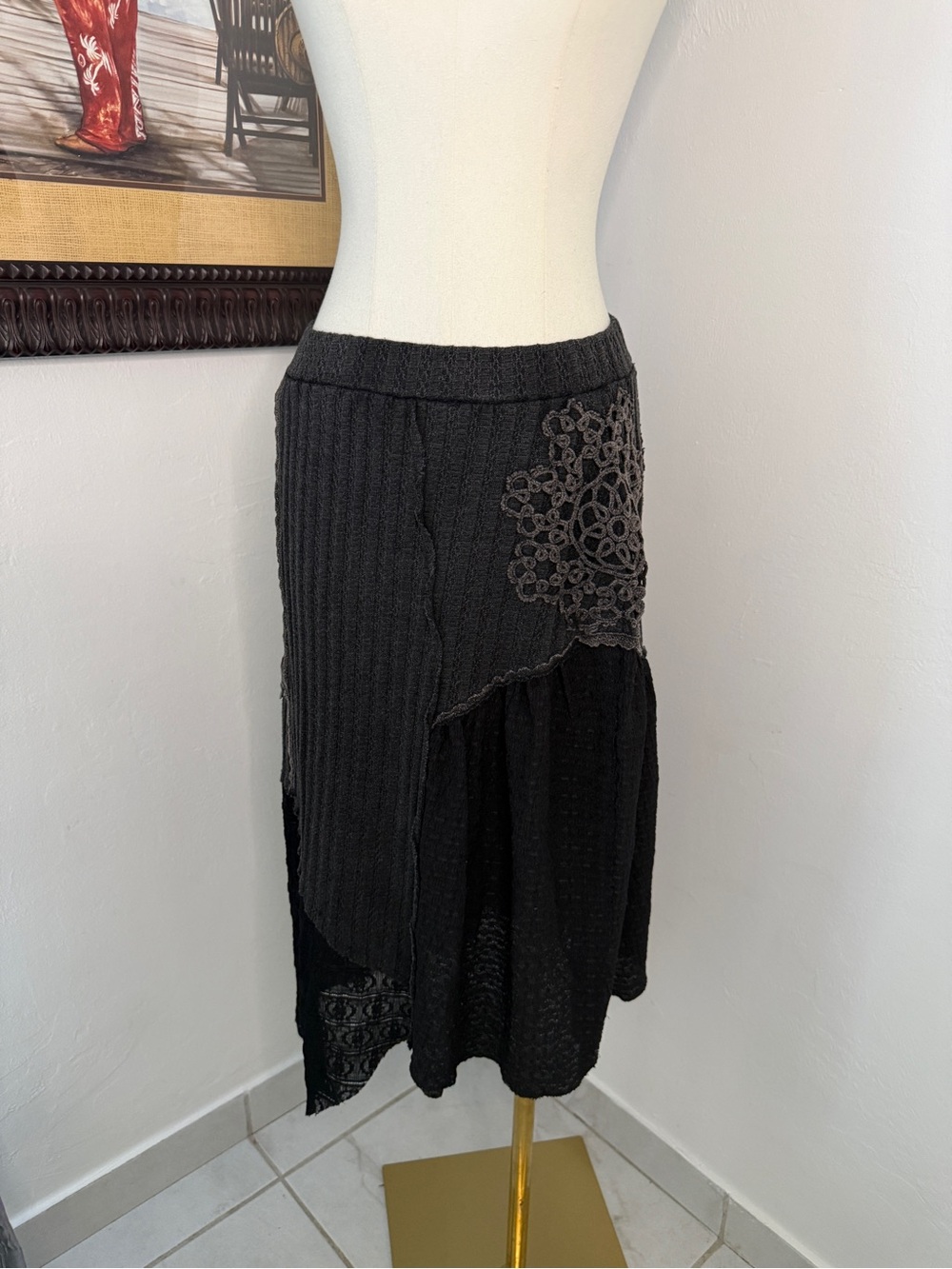 POL Two-Tone Black & Charcoal Asymmetrical Midi Skirt with Crochet Detail